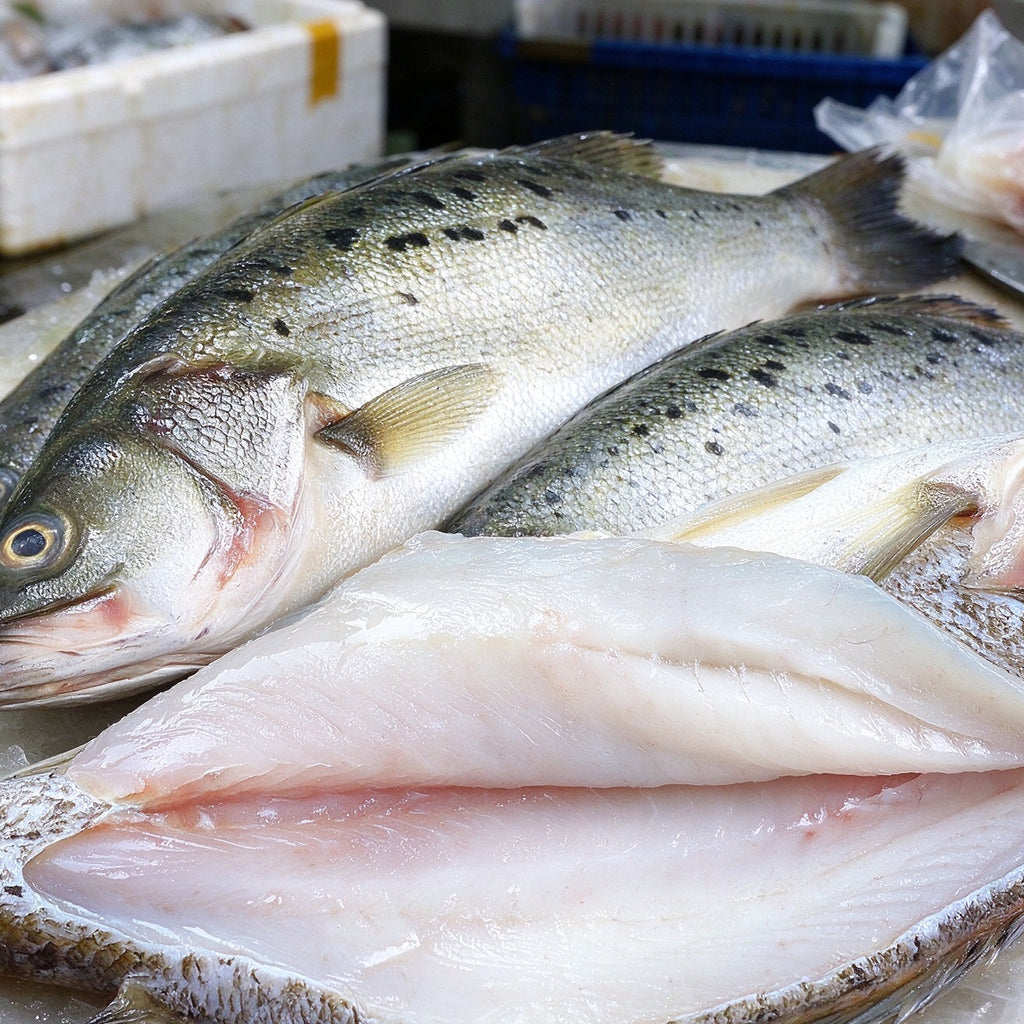 Whole sea bass beside a pale fillet on a white plate