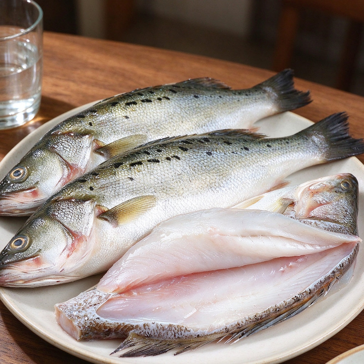 Whole sea bass beside a pale fillet on a white plate