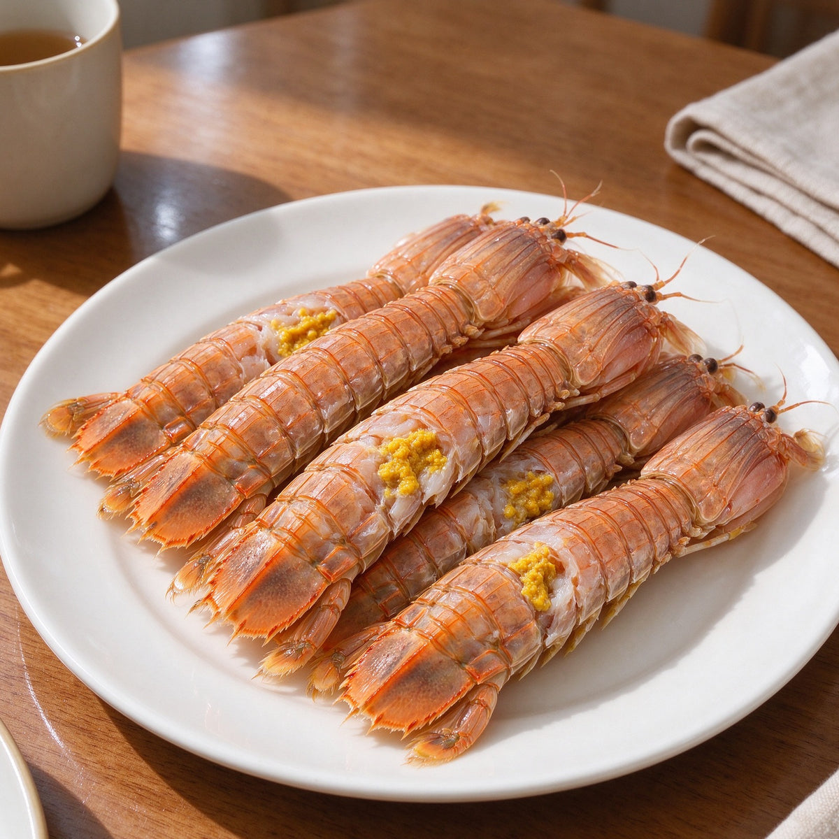 Cooked mantis shrimp with orange roe arranged on a white plate