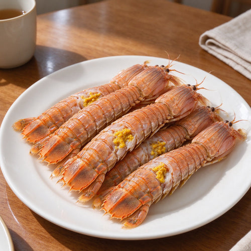Cooked mantis shrimp with orange roe arranged on a white plate