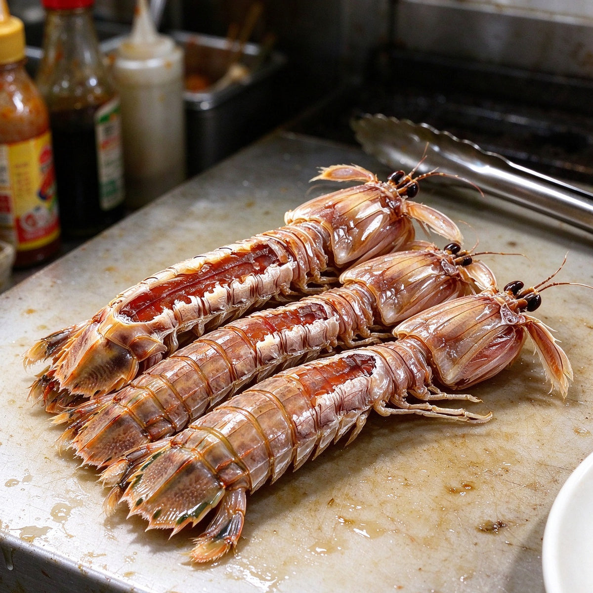 Cooked mantis shrimp with orange roe arranged on a white plate