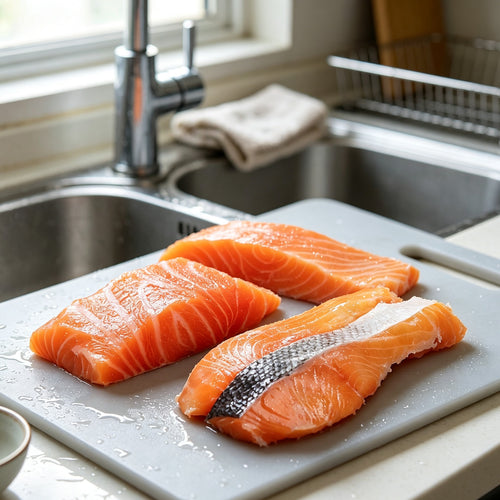 Raw salmon fillets with white marbling on a wooden board