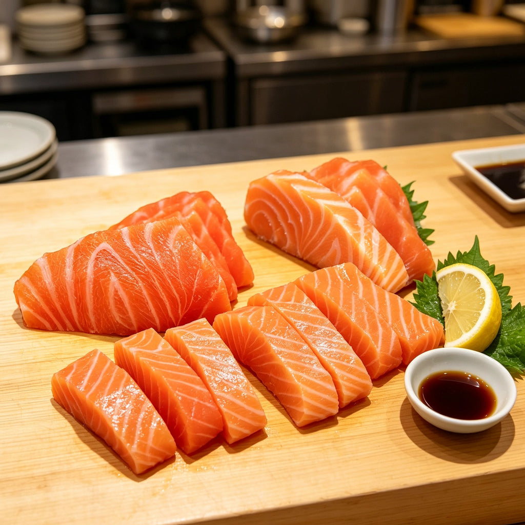 Raw salmon fillets with white marbling on a wooden board
