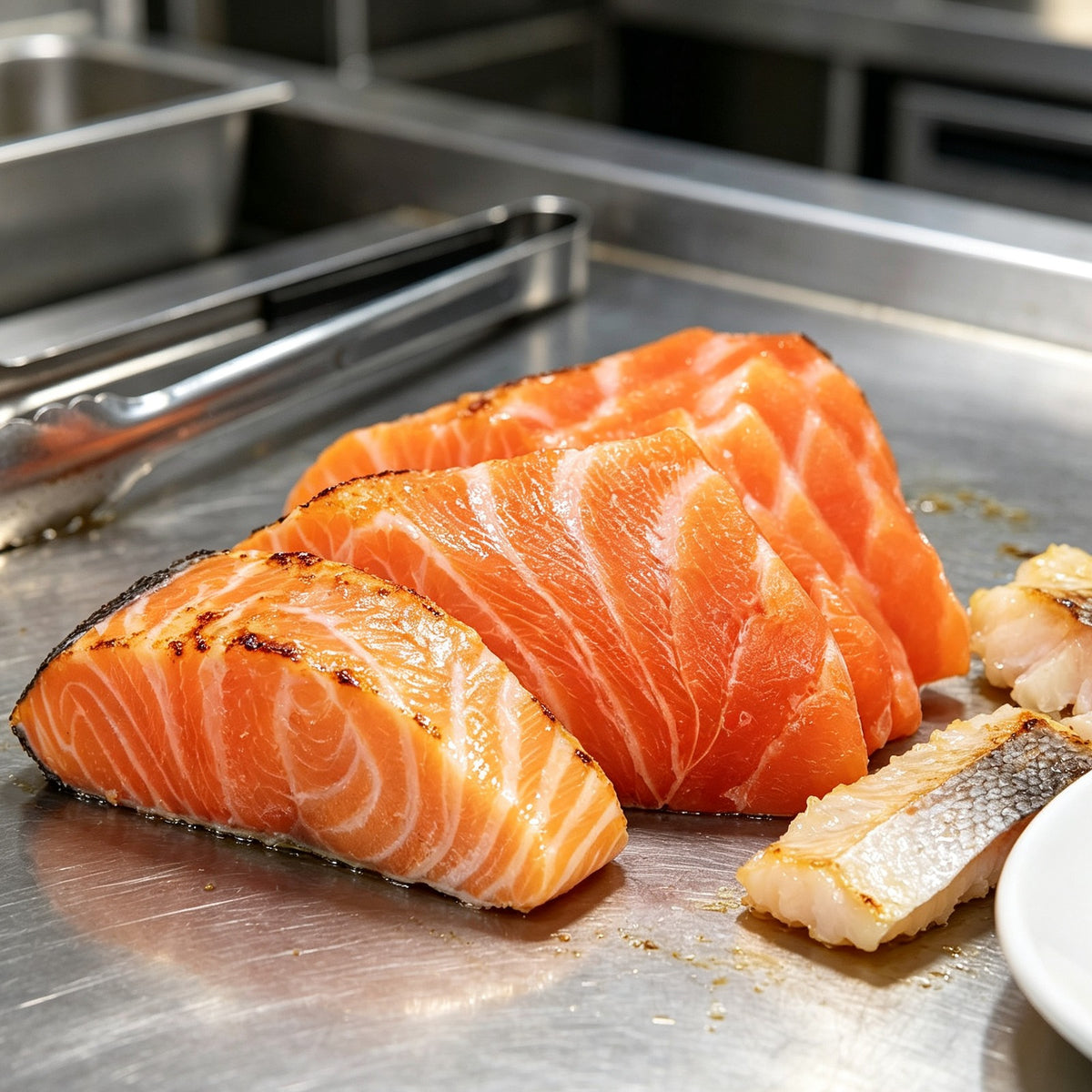 Raw salmon fillets with white marbling on a wooden board