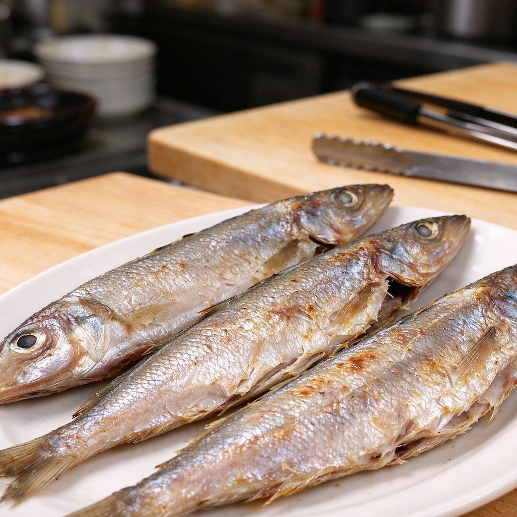 Silver whole sardines laid out on a steel counter