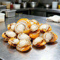 Half shell scallops with orange roe plated on a white dish