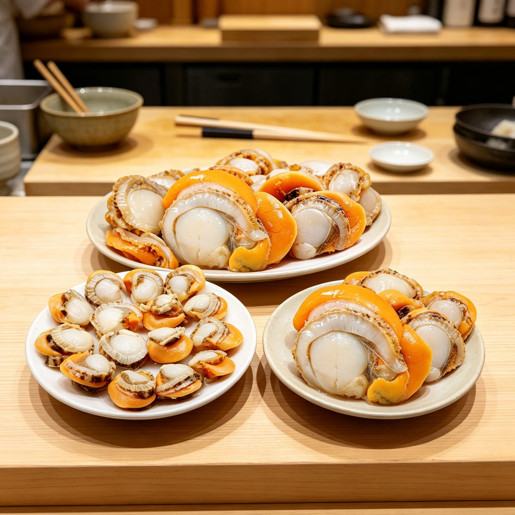 Half shell scallops with orange roe plated on a white dish