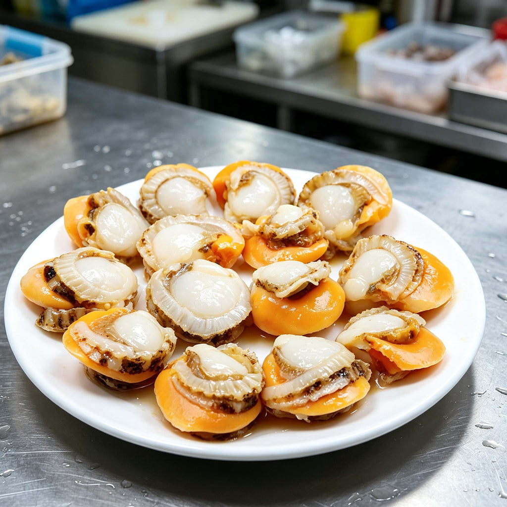 Half shell scallops with orange roe plated on a white dish
