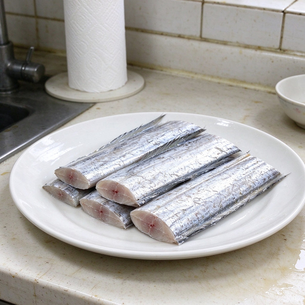 Silver beltfish segments arranged on a white plate