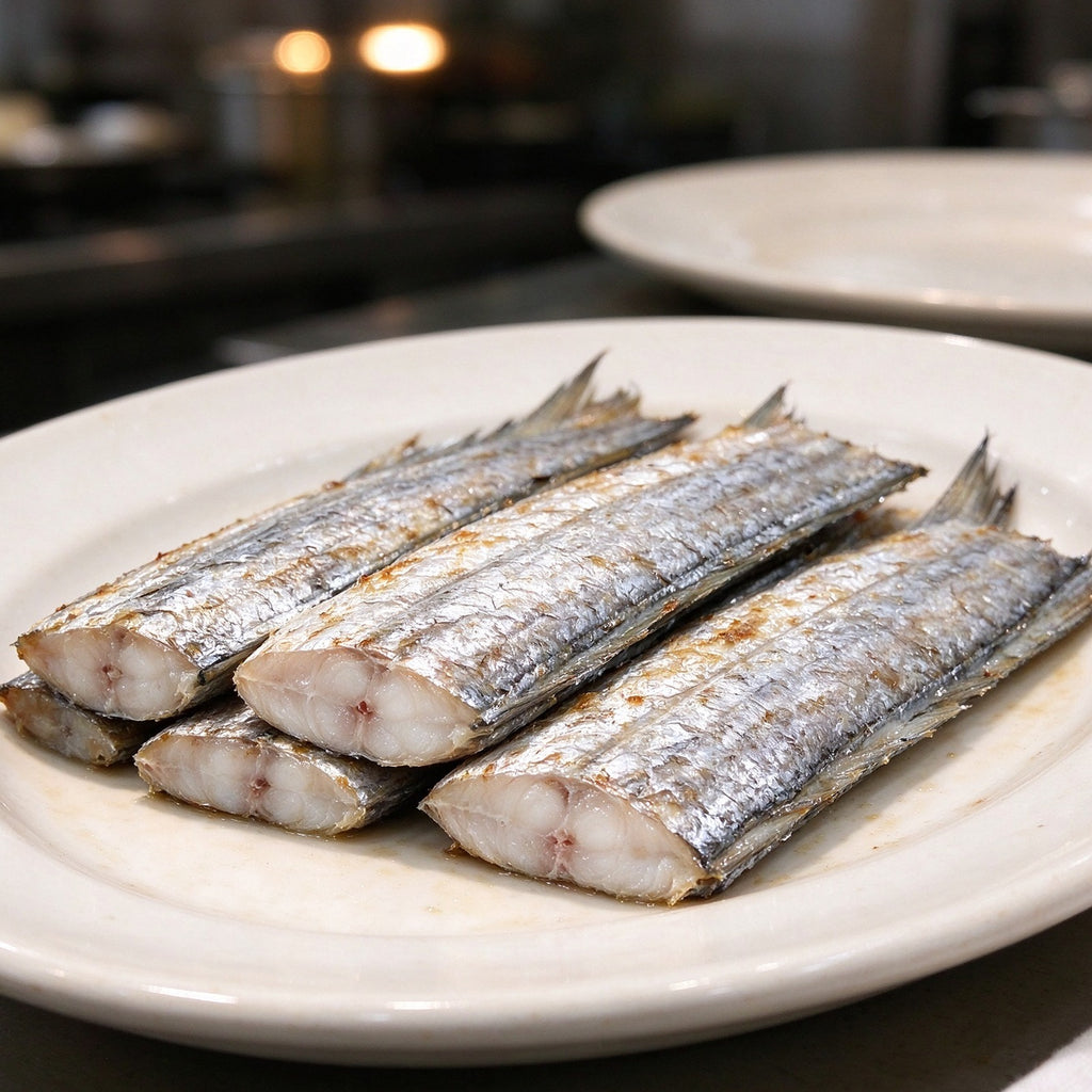 Silver beltfish segments arranged on a white plate