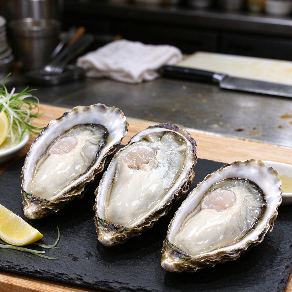 Shucked raw oysters on the half shell served with lemon